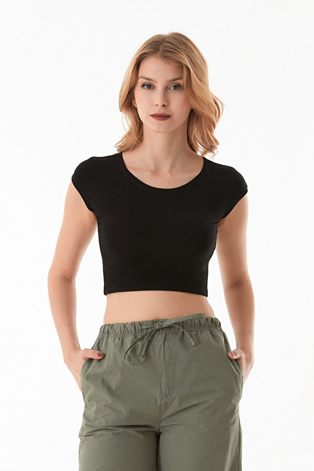 Basic Bisiklet Yaka Crop Tişört - 1
