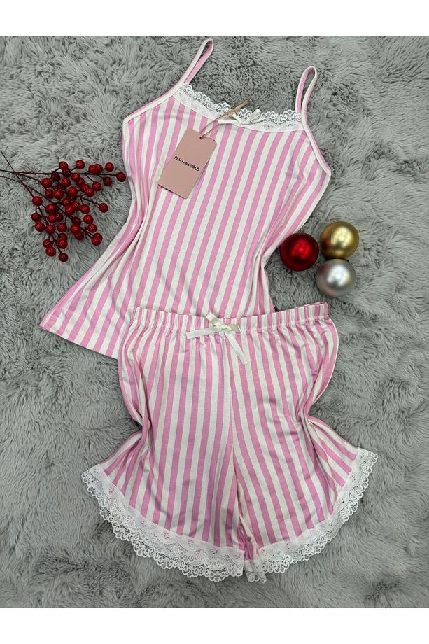İP ASKILI ŞORTLU VİSKON YUMUŞAK  KUMAŞLI PİJAMA TAKIMI - 5