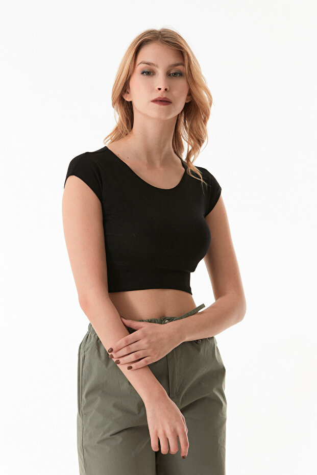 Basic Bisiklet Yaka Crop Tişört - 5