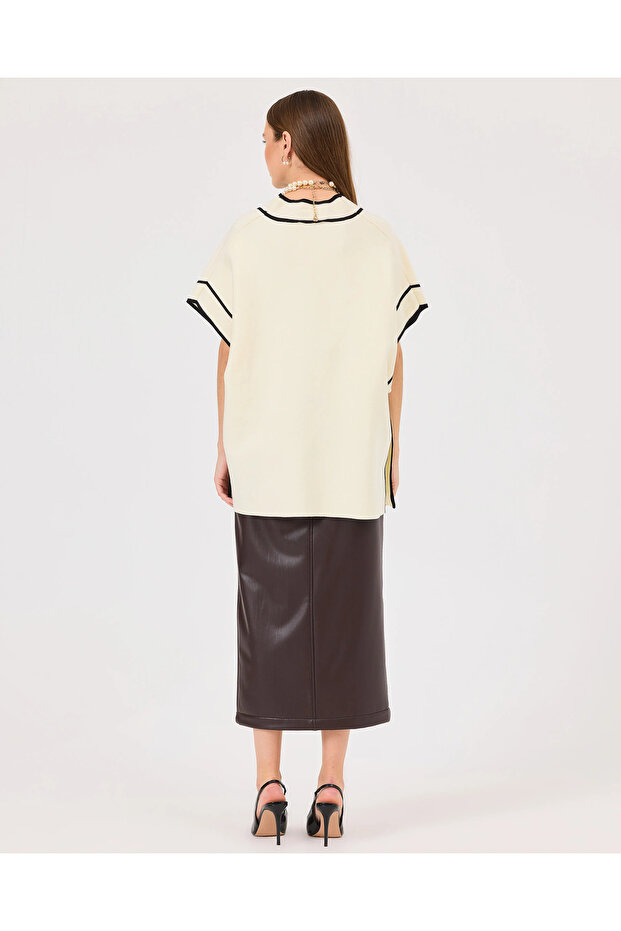 V Yaka Düğmeli Triko Süveter - 6