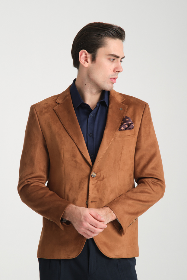 Modern Suede Men's Blazer Mono Collar Slim Fit Jacket