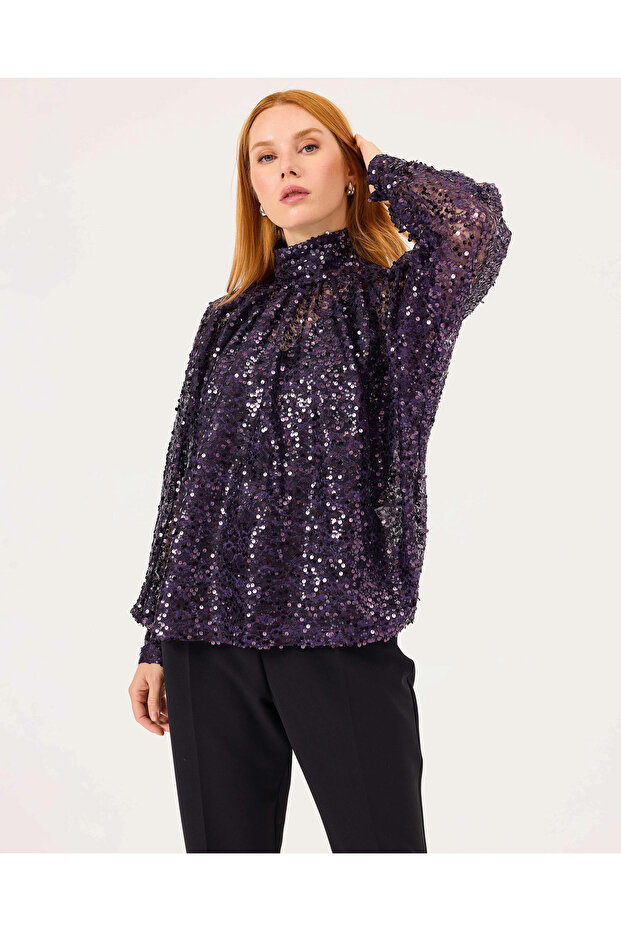 Dik Yaka Payetli Şık Bluz - 3