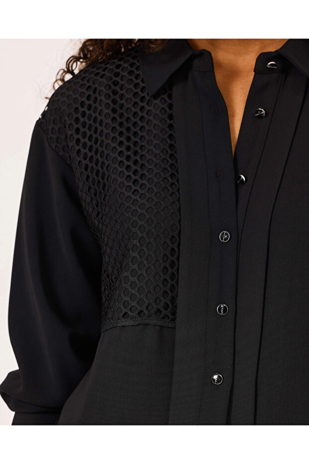 File Detaylı Düğmeli Gömlek - 5