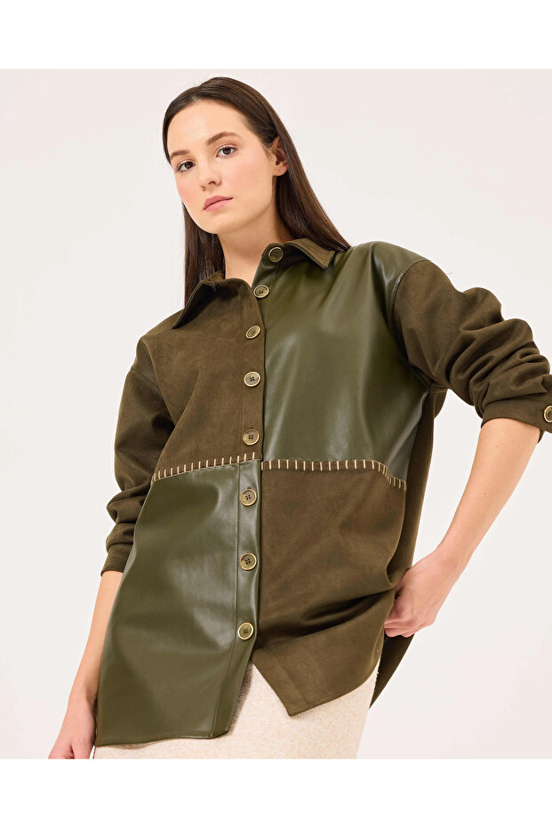 Çift Kumaşlı Düğmeli Gömlek - 2