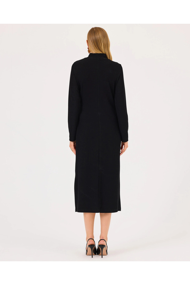 Dik Yaka Belden Bağlamalı Elbise - 7