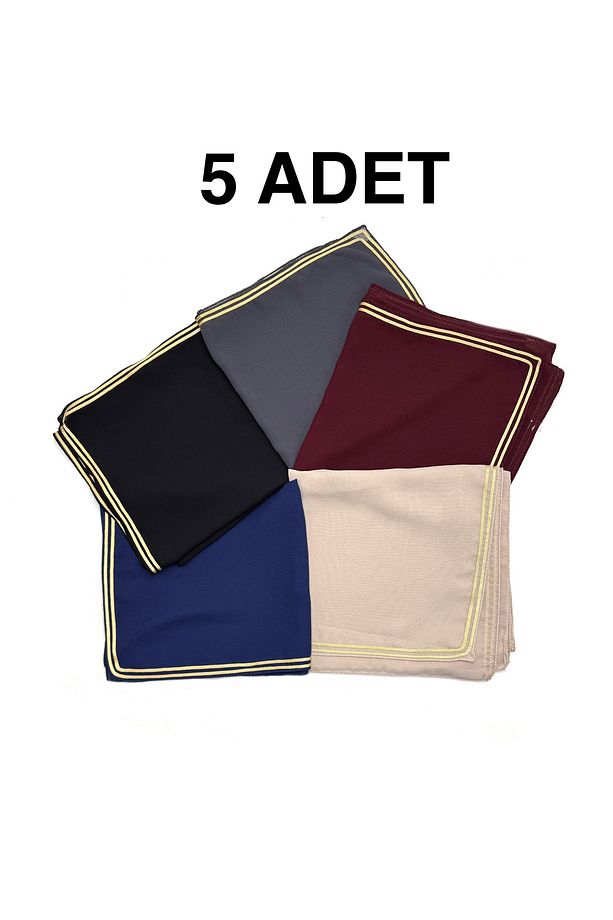5'li Set Altın Biyeli Krep Şifon Eşarp 100x100cm Yazma Toptan Hediyelik - 1