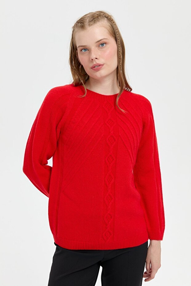 Kadın Sıfır Yaka Dikişsiz Önü Yürütmeli Yün Kazak Mercan - 7