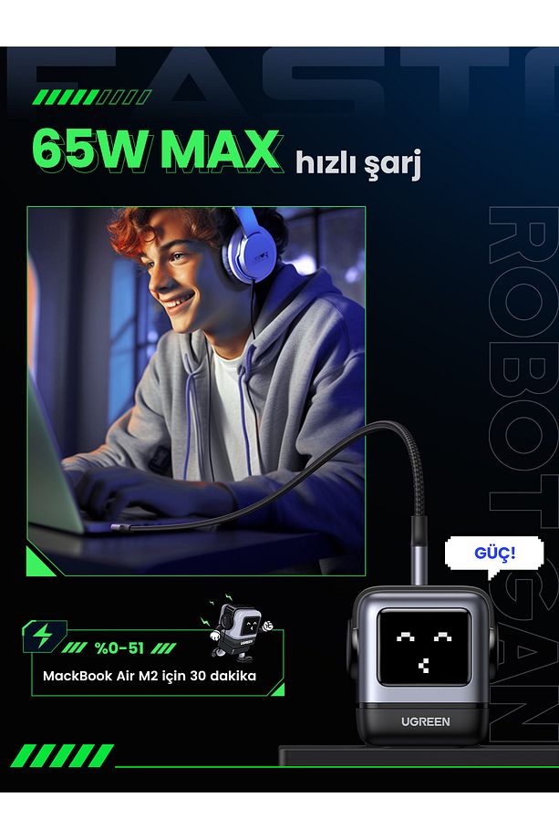 Nexode Rg 65w Robot Gan Hızlı Şarj Cihazı 2xusb-c, 1xusb-a, Gri - 25685b - 2