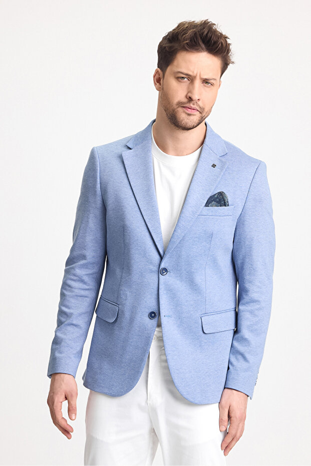 Feniks Men's Blue Slim Fit Mono Collar Cotton Blended Lycra Sports Blazer Jacket