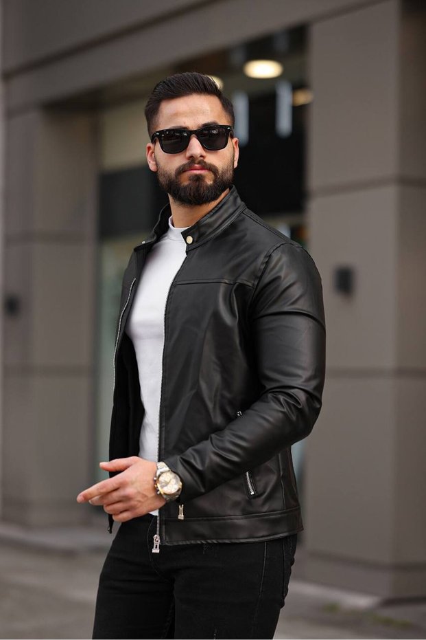 Men's Premium Sleeves and Pockets Zipper Detailed Seasonal Leather Jacket with Snap Fastener Collar