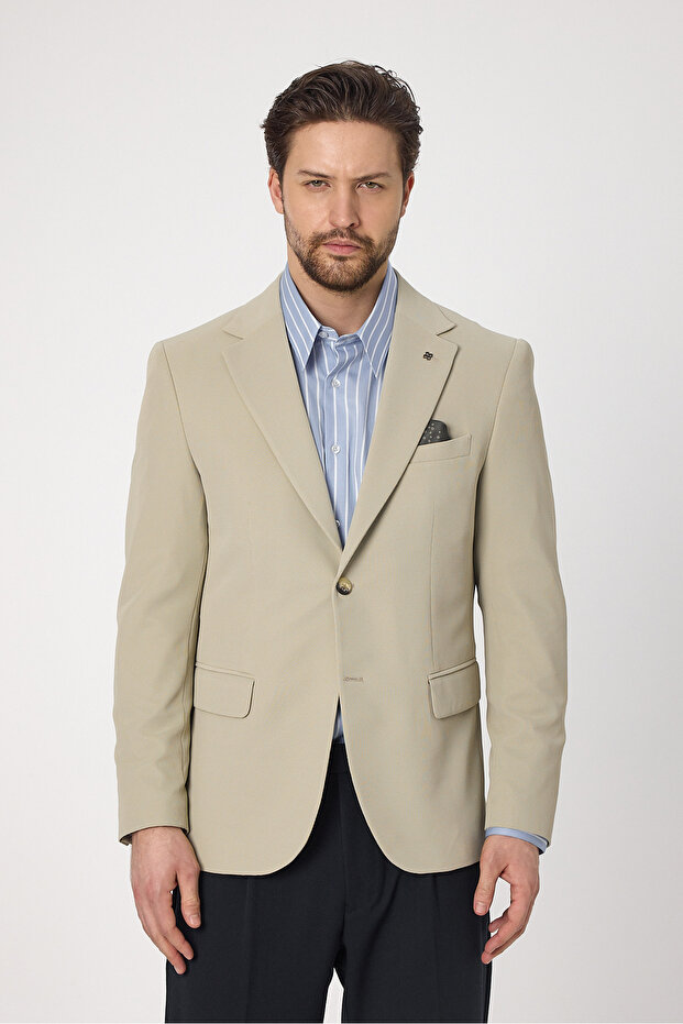 Waffle Men's Light Beige Waffle Pattern Cotton Blend Lycra Flexible Fabric Four Season Blazer Jacket