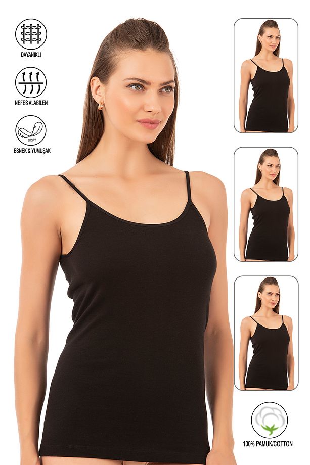 Özkan 0107 3'lü Paket Kadın %100 Pamuklu Ribana Esnek Rahat Ip Askılı Örme Atlet - 1