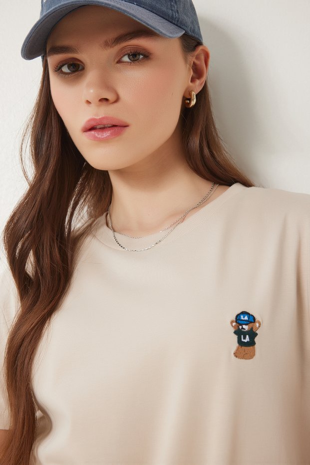 Teddy Bear Embroidered Cotton Knitted T-Shirt Cream Lcr0029