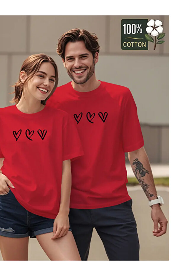 Unisex Red Lover Couple Friend Combination Heart in Row Printed Oversize Cotton T-Shirt 2 Pieces