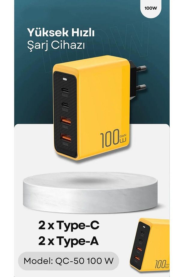 100w GaN3 Pro Masaüstü Süper Hızlı Şarj PD Qualcomm3 Adaptör 2x Type-C 2x UsbA Toplam 4 Port - 1