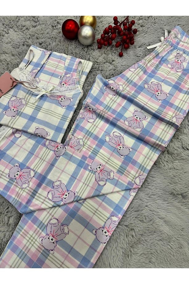 İP ASKILI ALTI UZUN VİSKON YUMUŞAK KUMAŞLI PİJAMA TAKIMI - 4