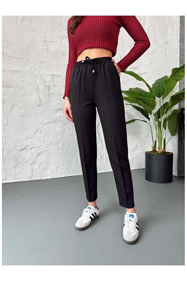 Women's Carrot Cut Ankle Length Pocketed Elastic Waist Fabric Trousers 80178