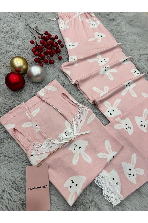 İP ASKILI ALTI UZUN VİSKON YUMUŞAK KUMAŞLI PİJAMA TAKIMI - 8