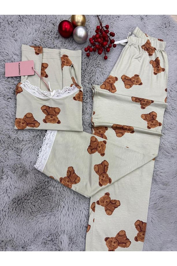 İP ASKILI ALTI UZUN VİSKON YUMUŞAK KUMAŞLI PİJAMA TAKIMI - 2