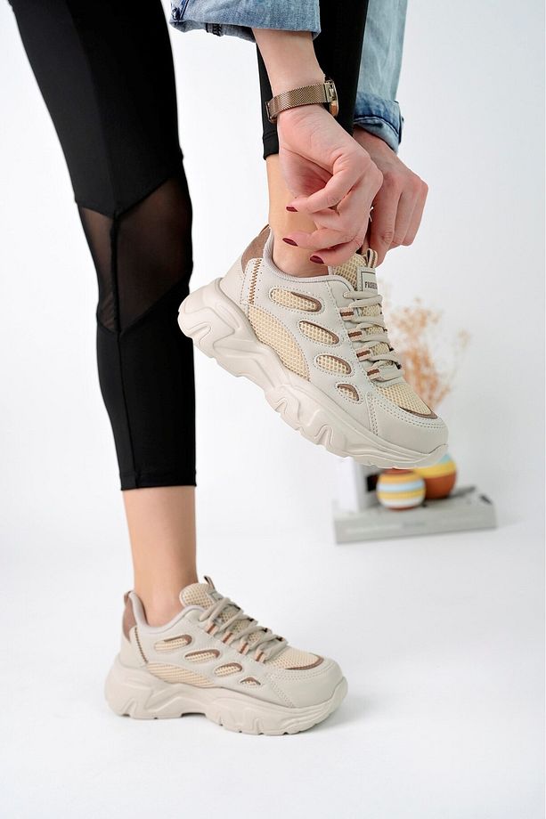 Günlük Kadın Bej Taba Spor Ayakkabı Bağcık Yüksek Kalın Taban Nefes Alan Rahat Hafif Sneaker 1001 - 1