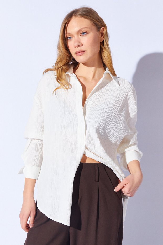 White Seersucker Oversize Relaxed Fit Women's Shirt Ek 100161103