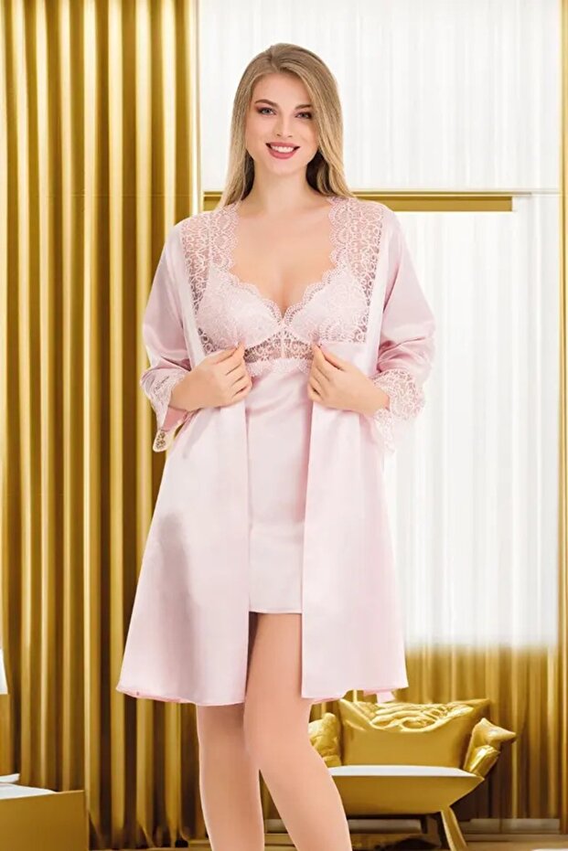 Pink Lace Silk Satin Nightgown Dressing Gown Set