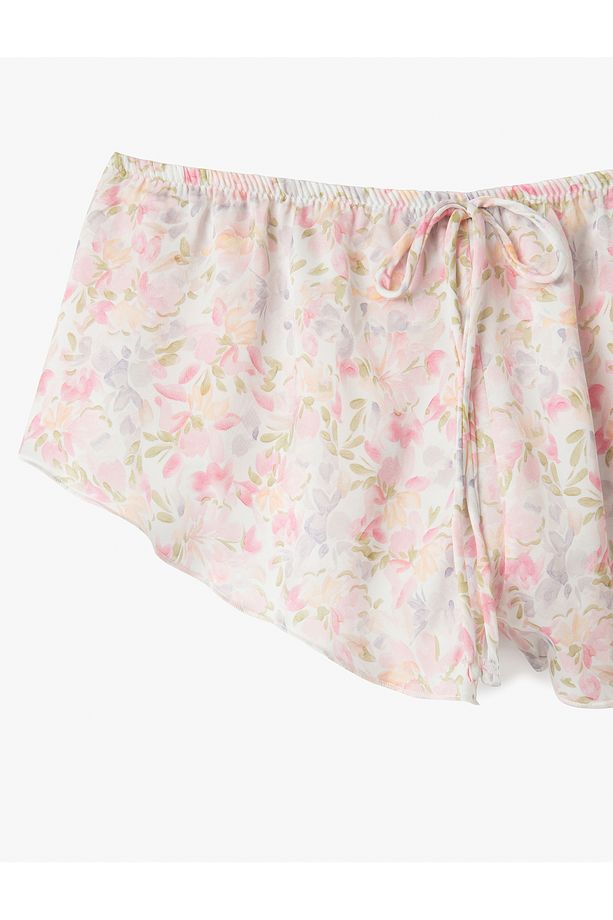 Bol Kalıp Beli Bağlamalı Çiçekli Mini Şort Pijama Altı - 5