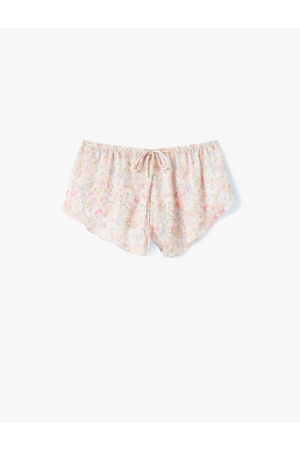Bol Kalıp Beli Bağlamalı Çiçekli Mini Şort Pijama Altı - 3