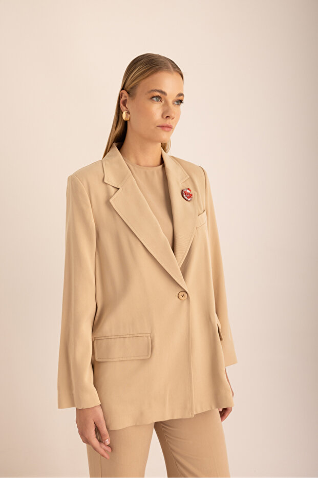 Bej Kontrast İç Biyeli Oversize Ceket - 6