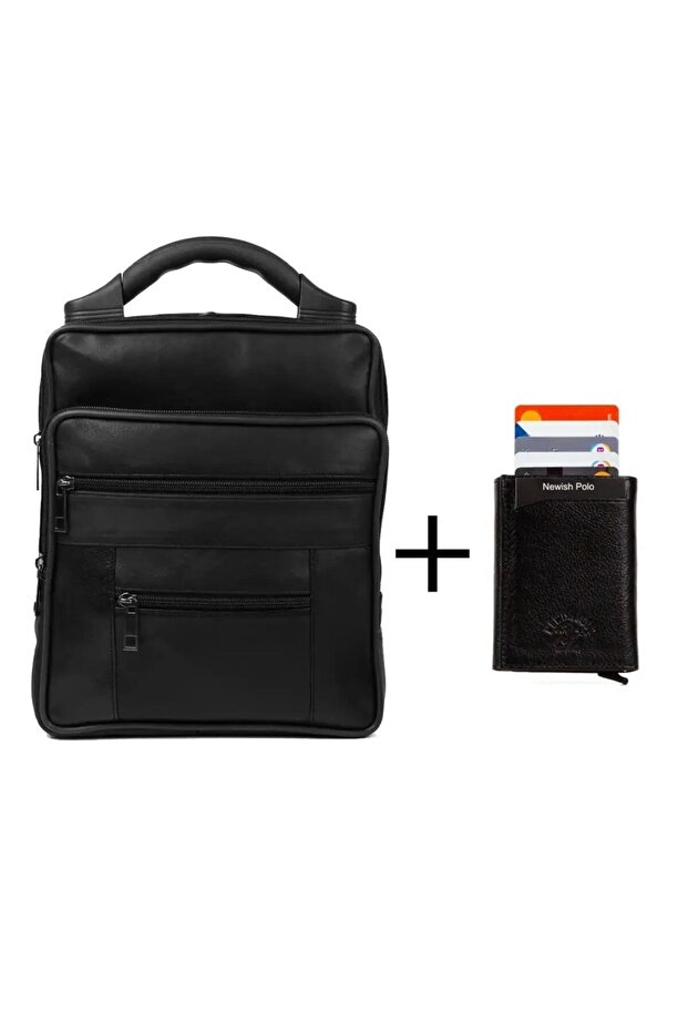 Men's Black Genuine Leather Shoulder Handbag and Mechanism Wallet