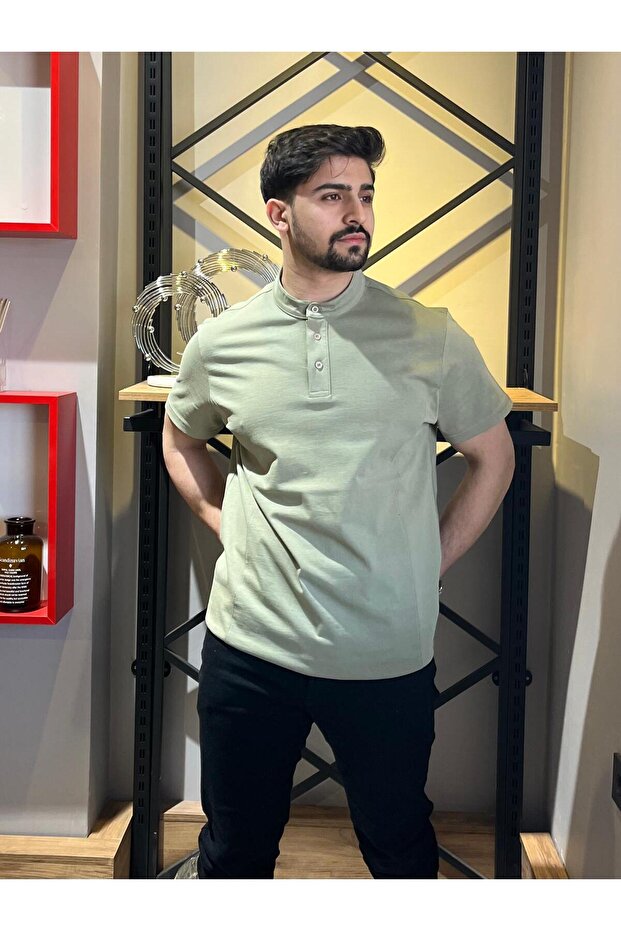 Hakim Yaka Düğmeli Açık Yeşil Basic Tshırt - 4