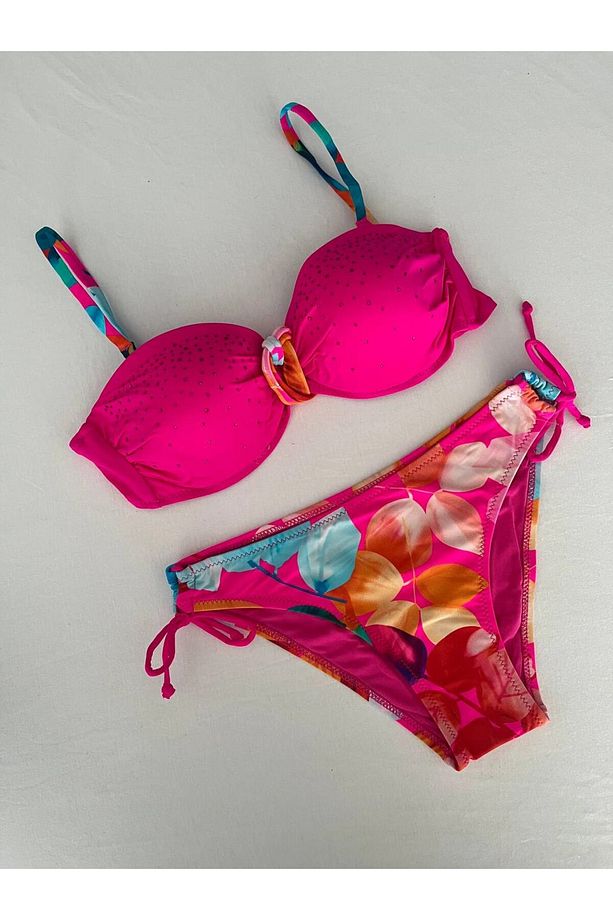 Kadın Fuşya Taş İşlemeli Astarlı Bikini Takım HZL25S-LC207 - 1