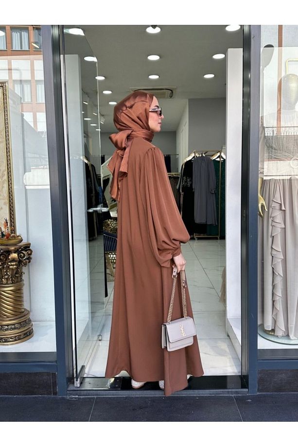 Tesettür Retro Balonkol Elbise Çikolata Kahve Model-537 - 5
