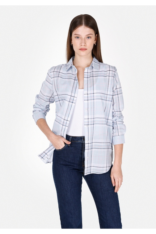 Regular Fit Shirt Neck Plaid Women's Blue Long Sleeve Shirt