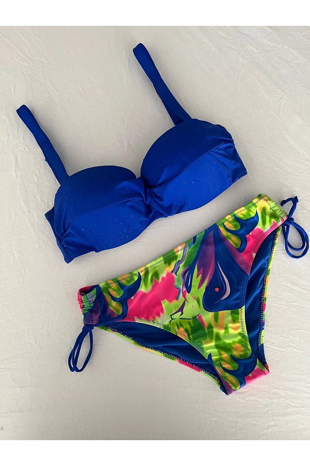 Kadın Saks Mavi Taş İşlemeli Astarlı Bikini Takım HZL25S-LC3334 - 1