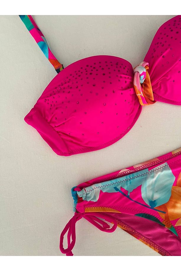 Kadın Fuşya Taş İşlemeli Astarlı Bikini Takım HZL25S-LC207 - 5