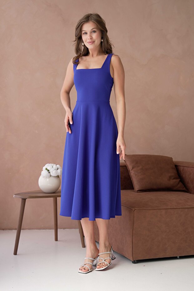 Women's Thick Strapped Square Neck Midi Length Flared Cut Cobalt Blue Dress 151