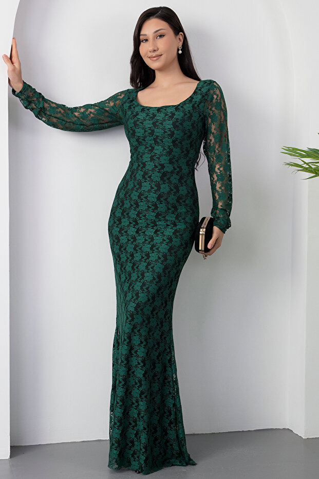 Kare Yaka Dantel Balık Elbise AP-3005 - 3