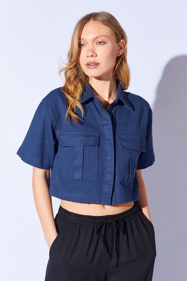 İndigo Crop Gabardin Ön Cep Detaylı Gömlek | MKW167568-01 - 2