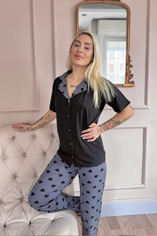 Siyah Soft Charm Desenli Bambu Önden Düğmeli Kısa Kol Pijama Takımı - 7