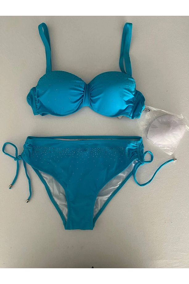Kadın Mavi Taş İşlemeli Astarlı Bikini Takım HZL25S-LC3361 - 2