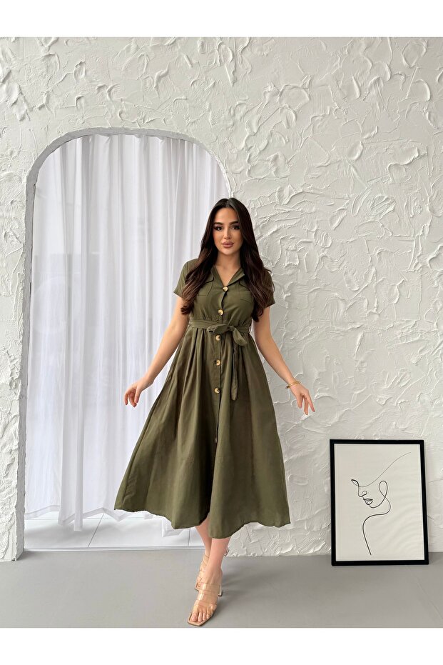 Short Sleeve Linen Button Dress