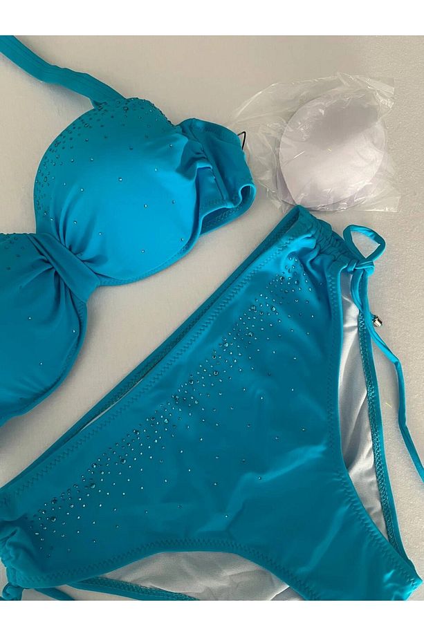 Kadın Mavi Taş İşlemeli Astarlı Bikini Takım HZL25S-LC3361 - 5
