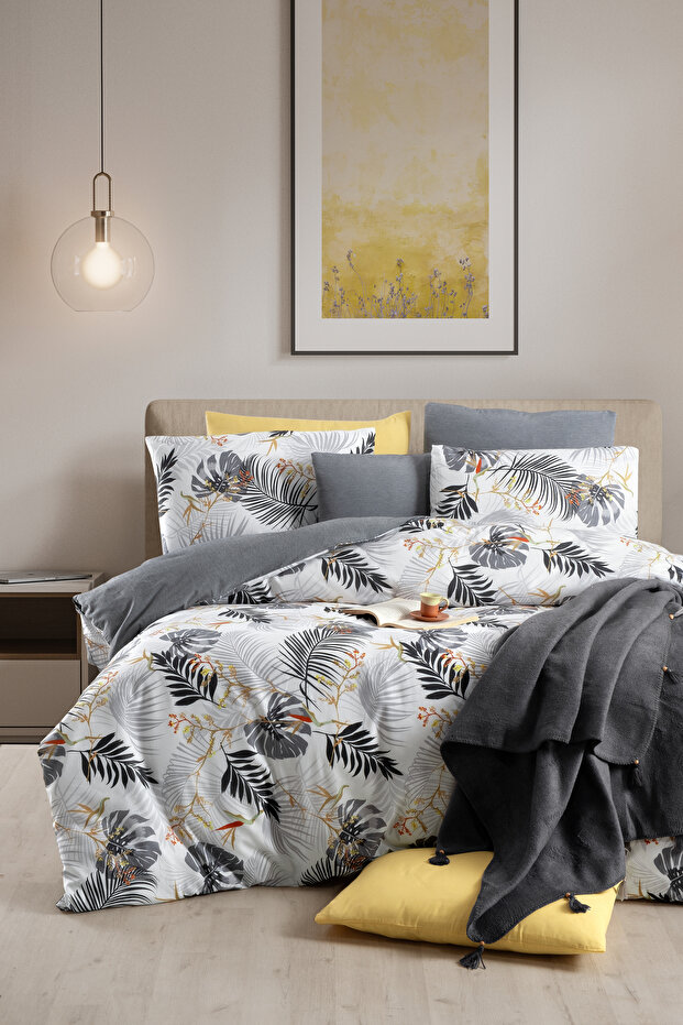 Double Duvet Cover Set with Fitted Sheet Monstera Grey