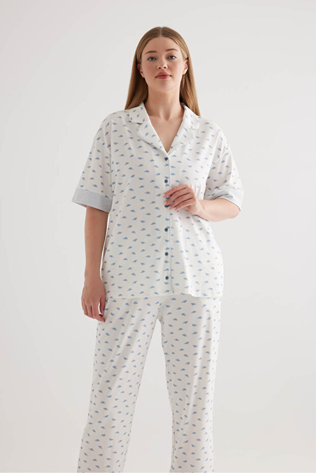 Kadın Plus Size Pamuklu Gömlek Yaka Pijama Üstü - 1