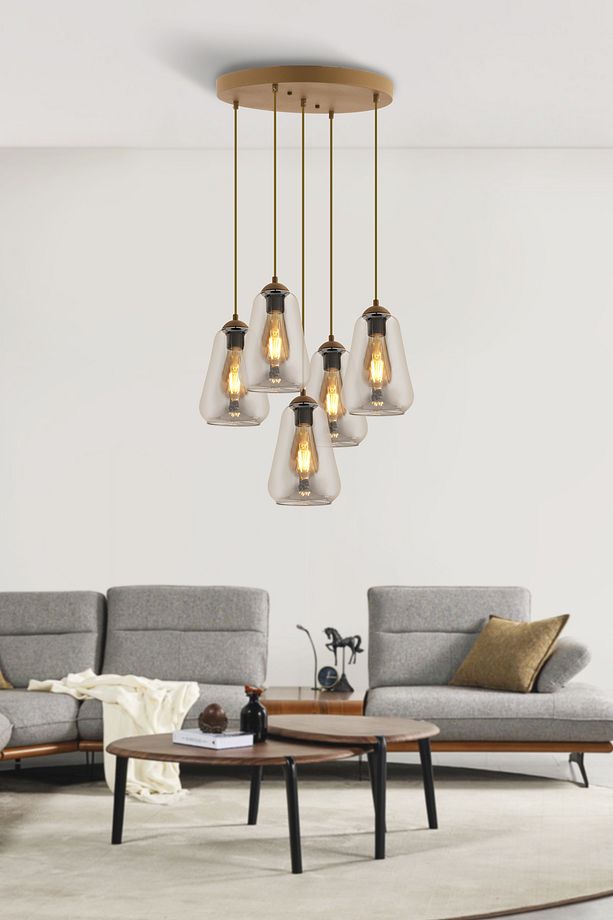 Rita 5'li Yuvarlak Eskitme Füme Camlı Modern Salon Sarkıt Avize - 1