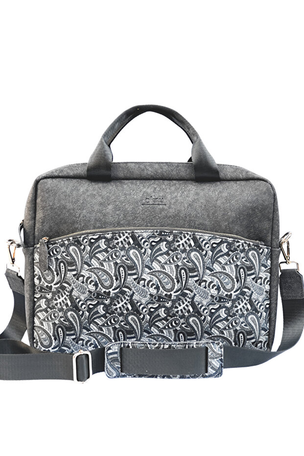 15.6 Inch Gray Laptop Bag with Shoulder Strap - Zipper Detail, Shawl Pattern, Vegan Leather