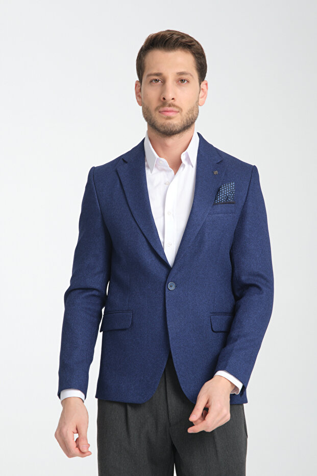 Fevuall Men's Cobalt Blue Diagonel Patterned Battal Large Size Mono Collar Slim Fit Blazer Sports Jacket