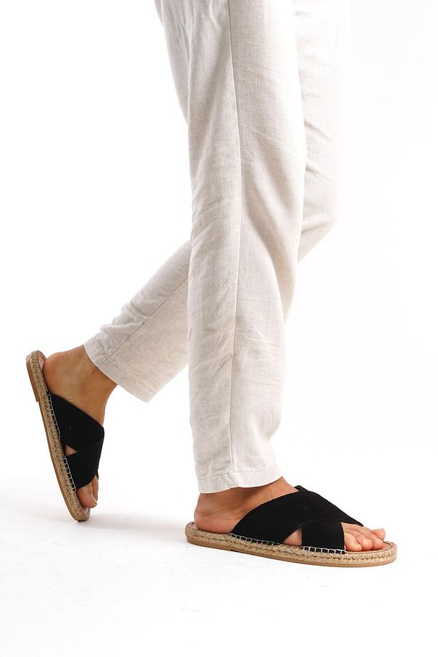 Summer Erkek Hakiki Deri Süet Çapraz Bantlı Jüt Taban Siyah Espadril Terlik -mssr5959-s - 4