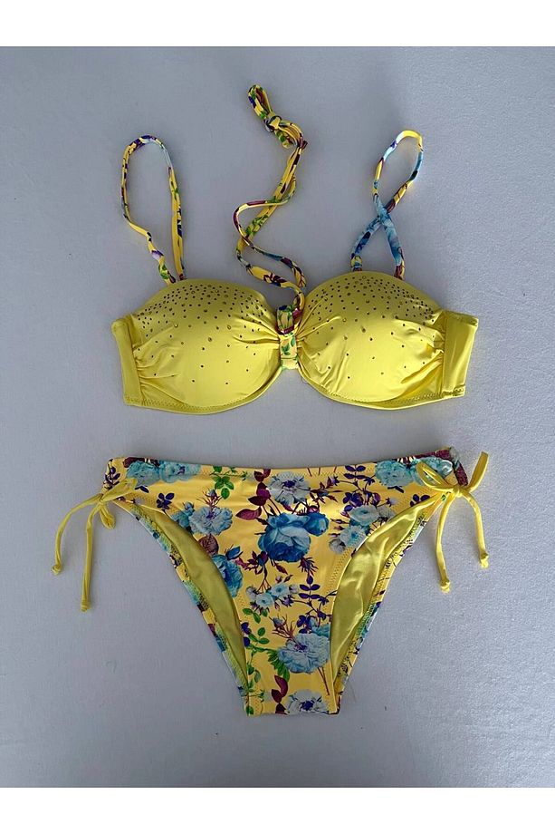 Kadın Sarı Taş İşlemeli Astarlı Bikini Takım HZL25S-LC208 - 2
